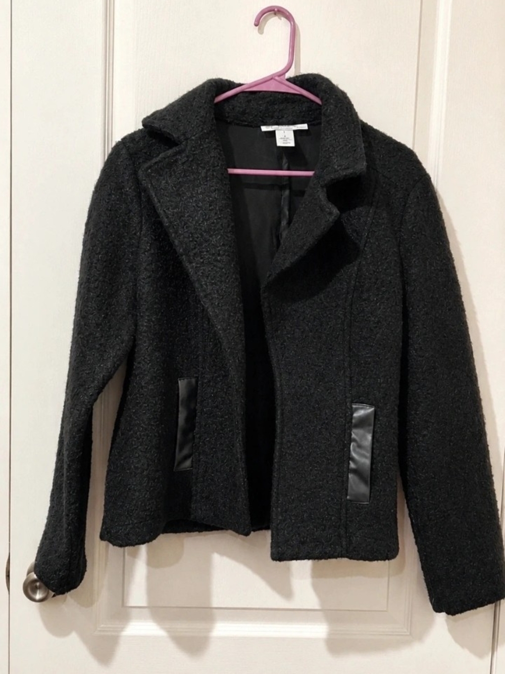 Textured Black Women's Blazer Jacket with Faux-Leather Trim